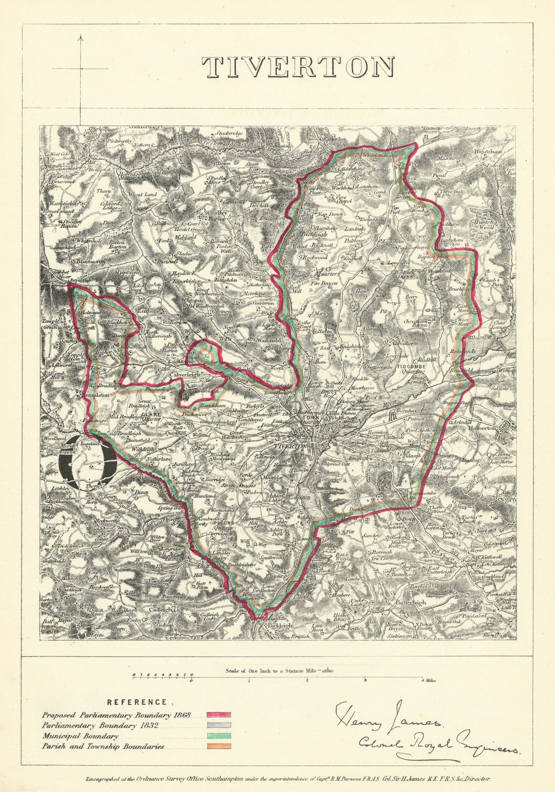 Tiverton, Devon. JAMES. Parliamentary Boundary Commission 1868 old antique map