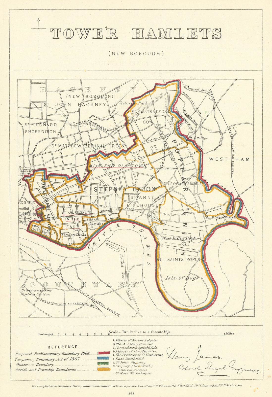 Tower Hamlets, London. JAMES. Parliamentary Boundary Commission 1868 old map