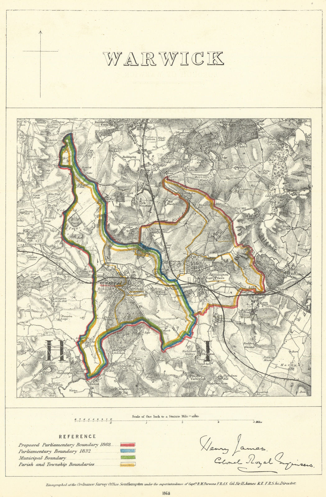 Warwick, Warwickshire. JAMES. Parliamentary Boundary Commission 1868 old map