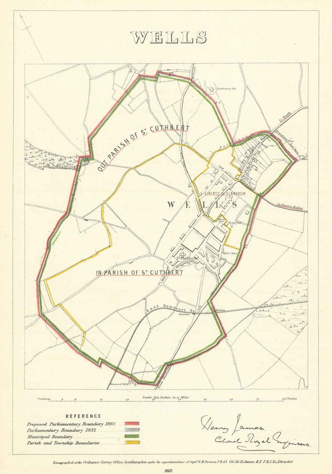 Wells, Somerset. JAMES. Parliamentary Boundary Commission 1868 old antique map
