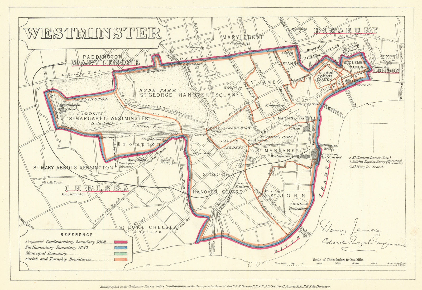 Westminster, London. JAMES. Parliamentary Boundary Commission 1868 old map