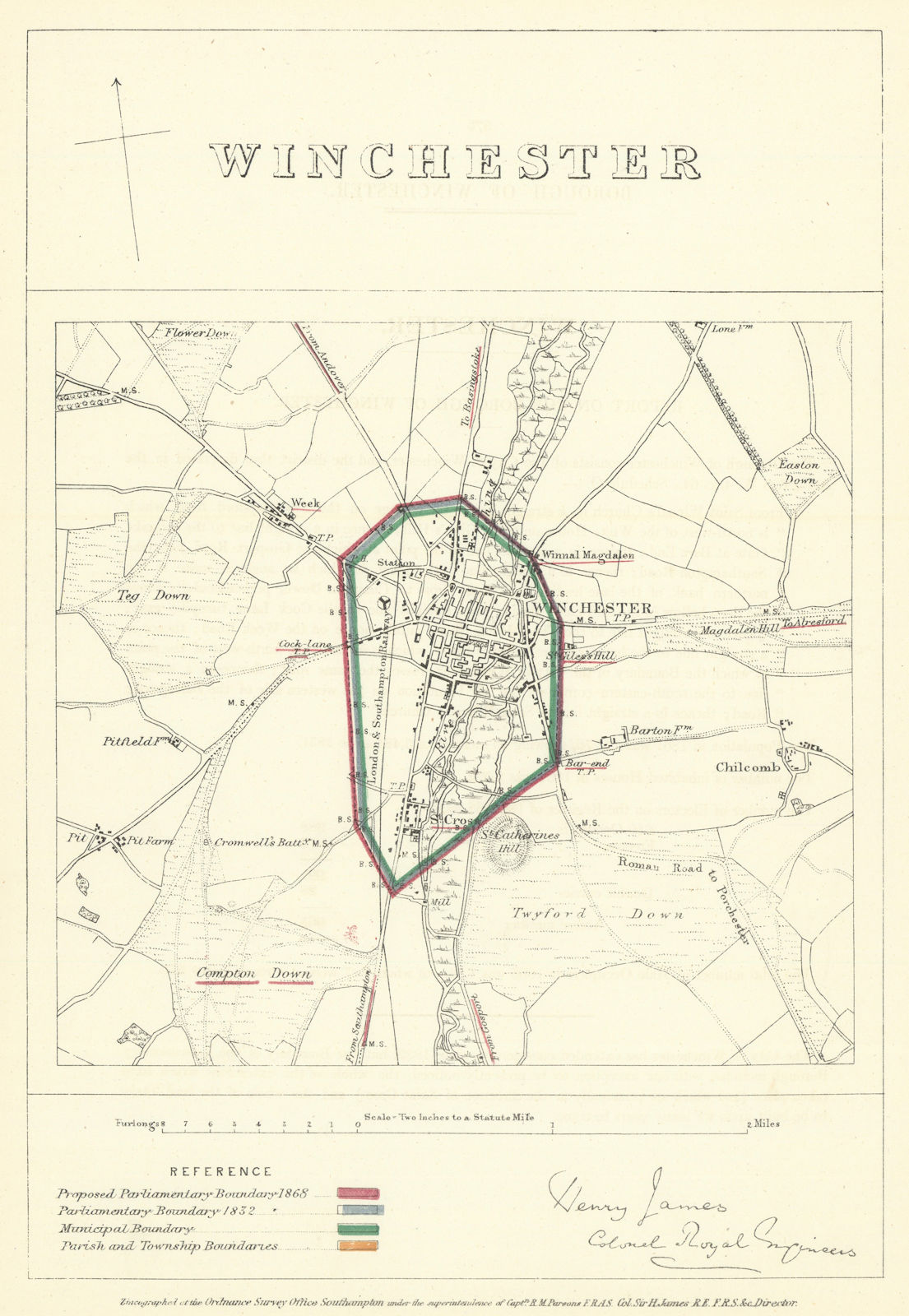 Winchester, Hampshire. JAMES. Parliamentary Boundary Commission 1868 old map