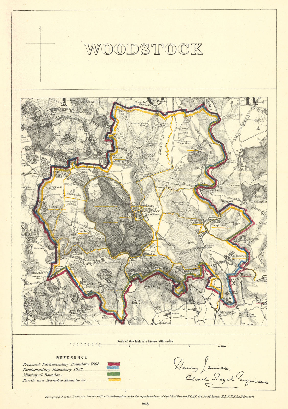 Woodstock, Oxfordshire. JAMES. Parliamentary Boundary Commission 1868 old map