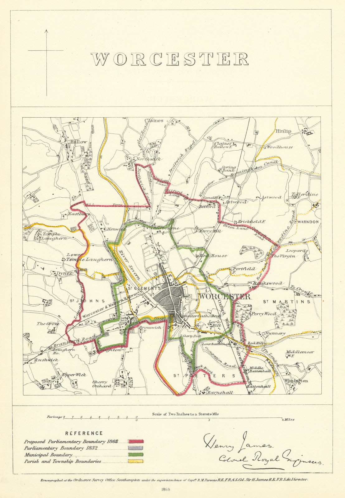 Worcester, Worcestershire. JAMES. Parliamentary Boundary Commission 1868 map