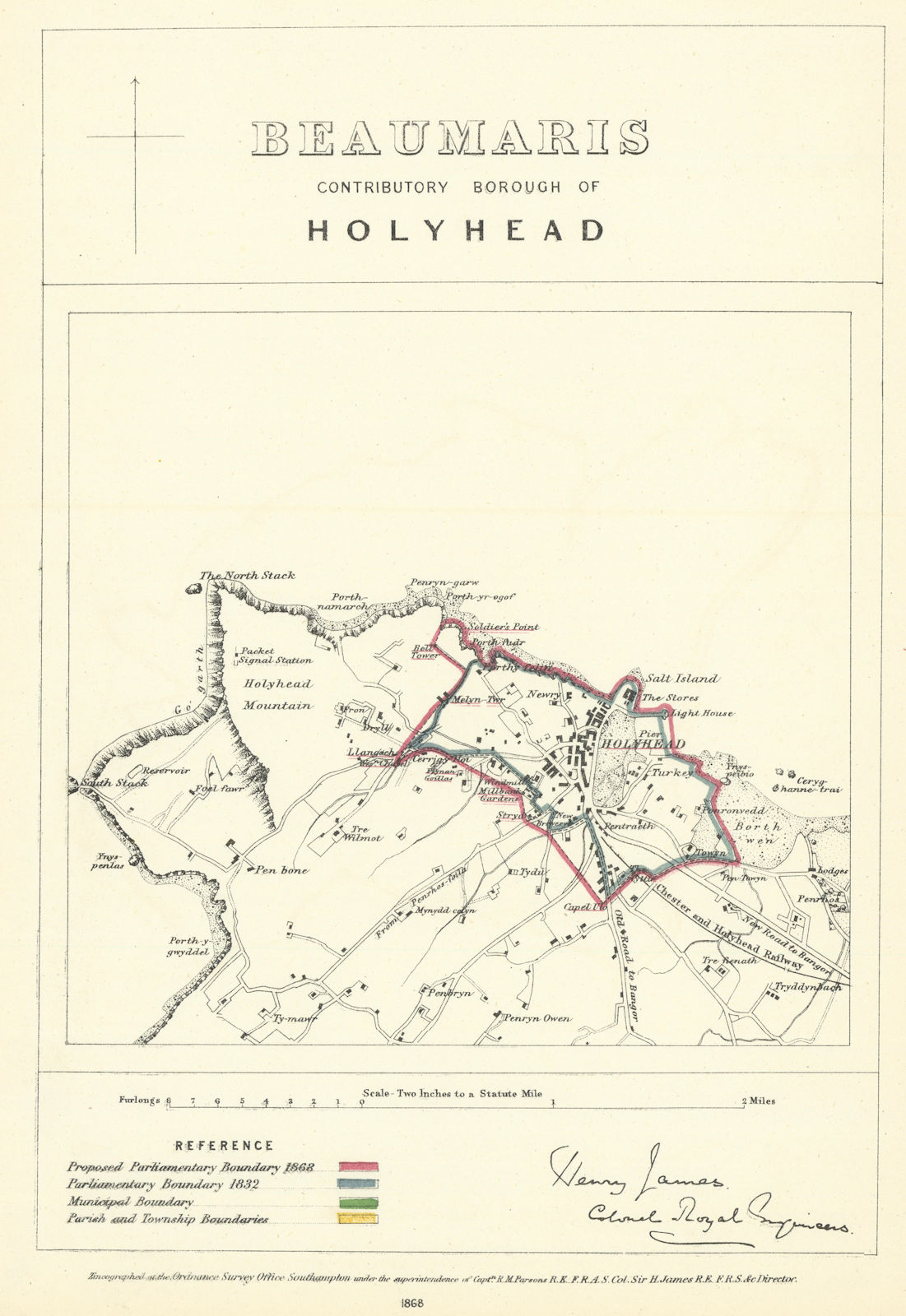 Beaumaris Contributory Borough of Holyhead. JAMES. Boundary Commission 1868 map