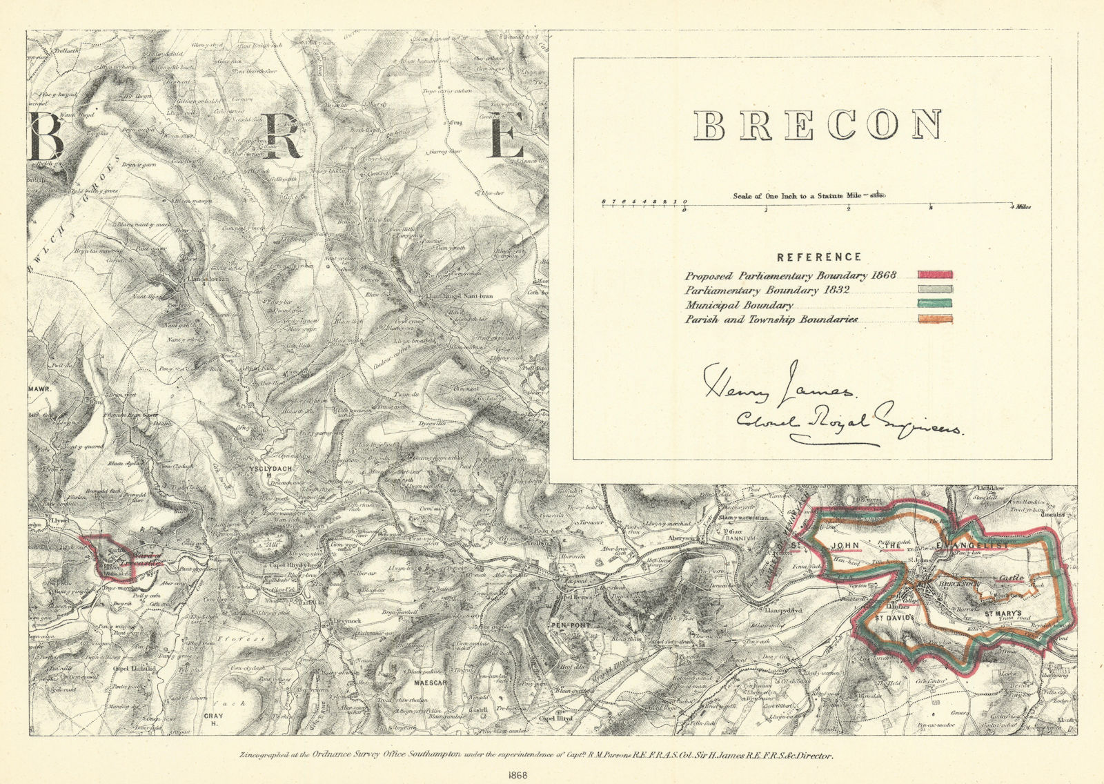 Brecon, Brecknockshire. JAMES. Parliamentary Boundary Commission 1868 old map