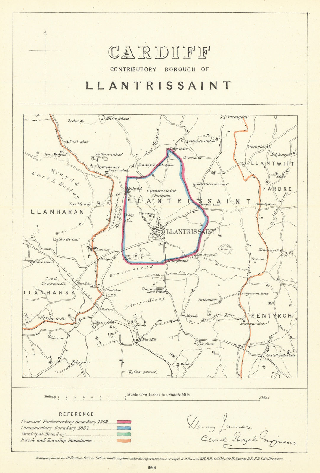 Cardiff Contrib'y Borough of Llantrisant. JAMES. Boundary Commission 1868 map