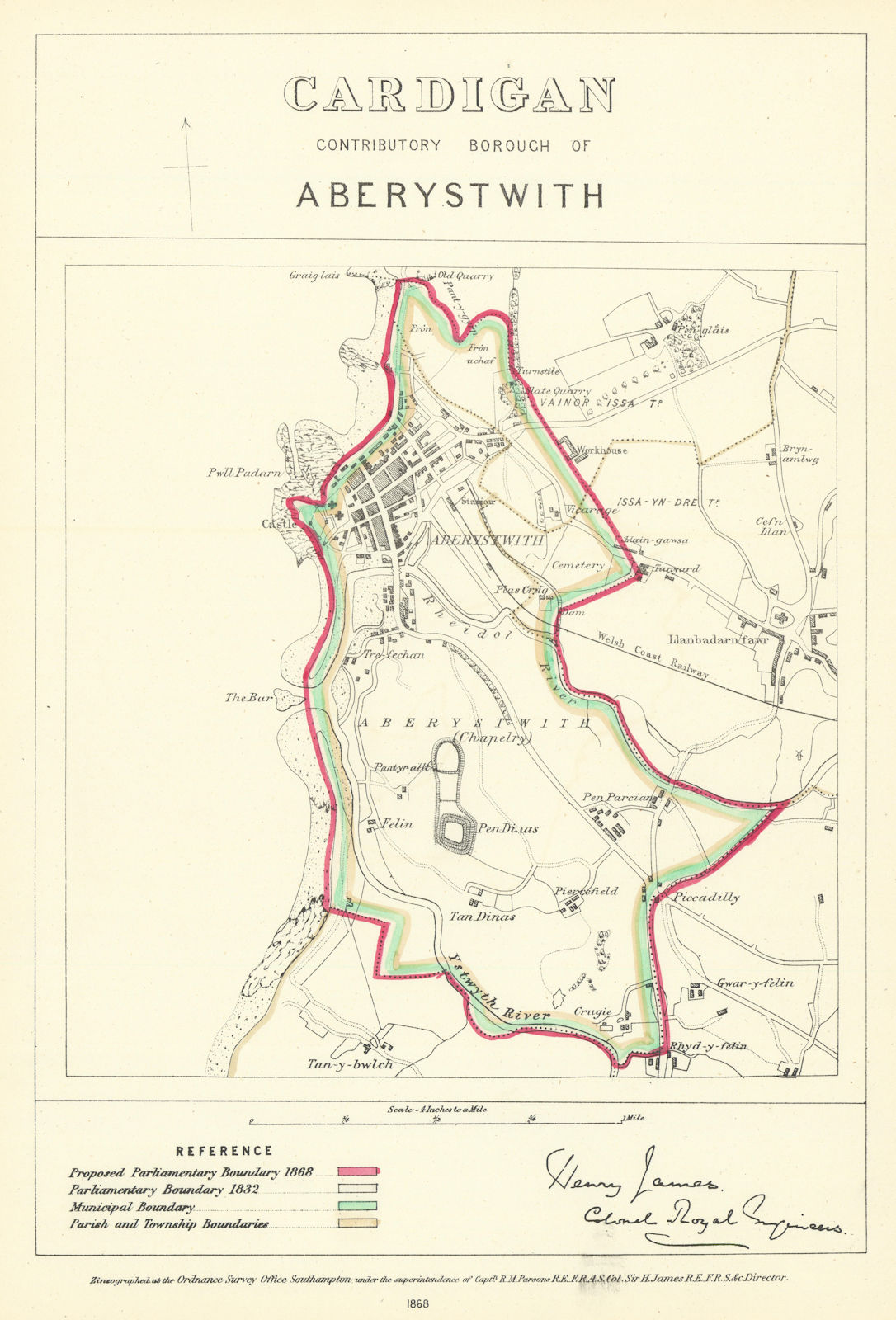 Cardigan Contrib'y Borough of Aberystwyth. JAMES. Boundary Commission 1868 map