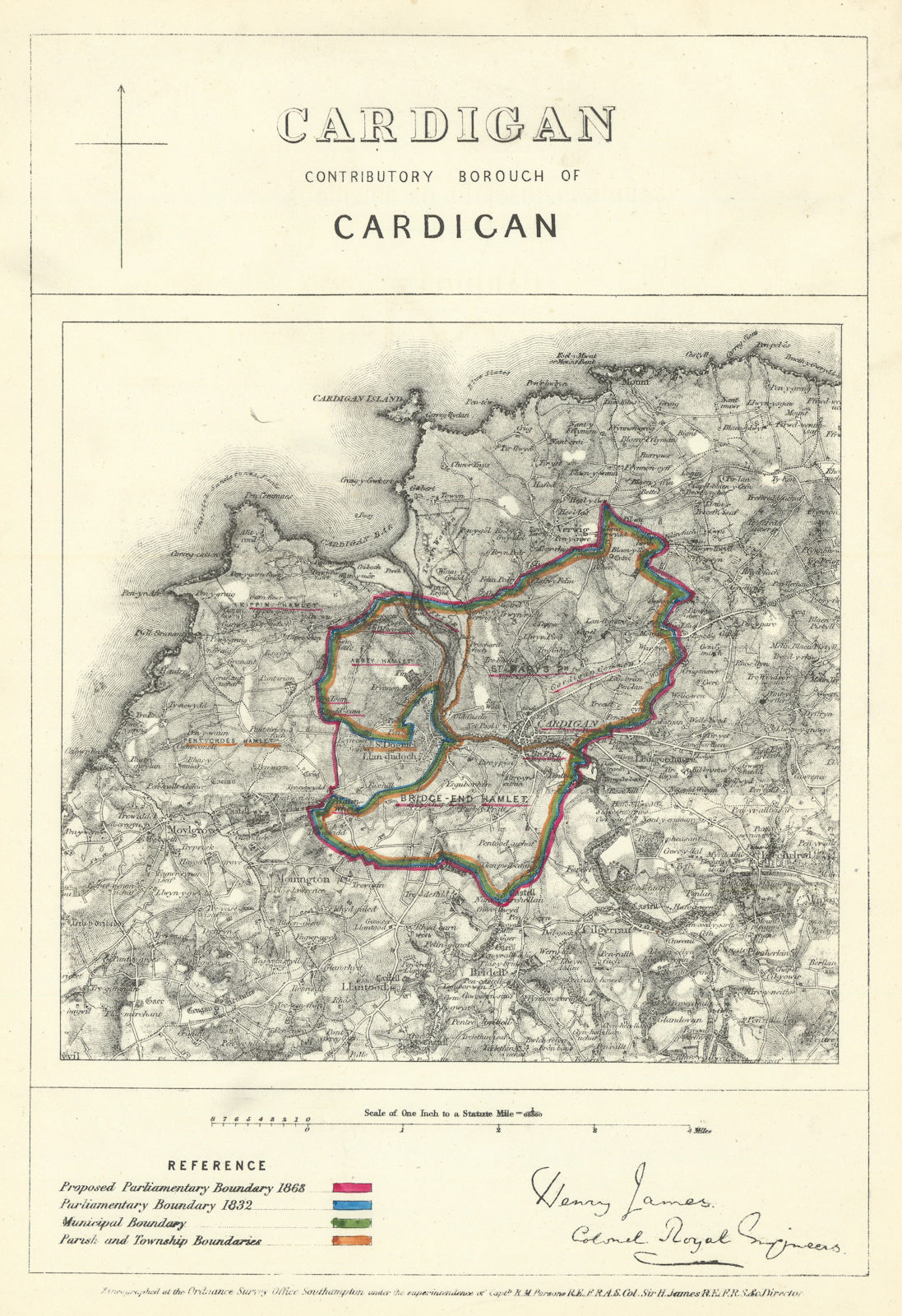 Cardigan Contributory Borough of Cardigan. JAMES. Boundary Commission 1868 map