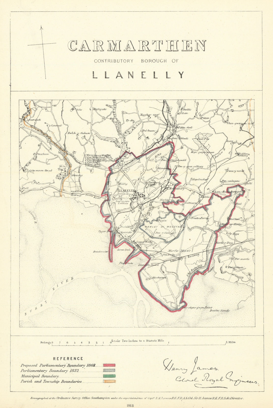 Associate Product Carmarthen Contributory Borough of Llanelli. JAMES. Boundary Commission 1868 map
