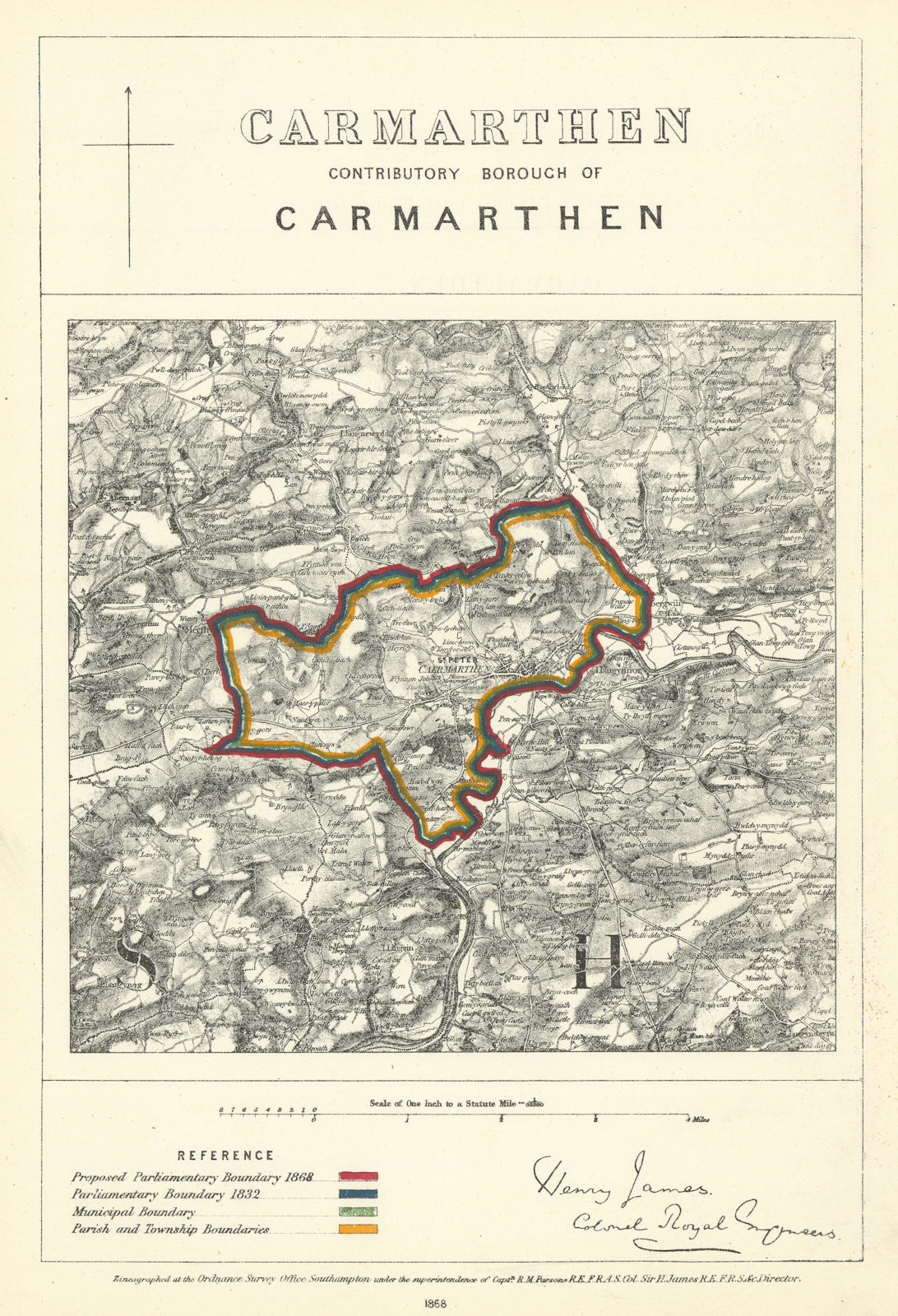 Associate Product Carmarthen Contrib'y Borough of Carmarthen. JAMES. Boundary Commission 1868 map