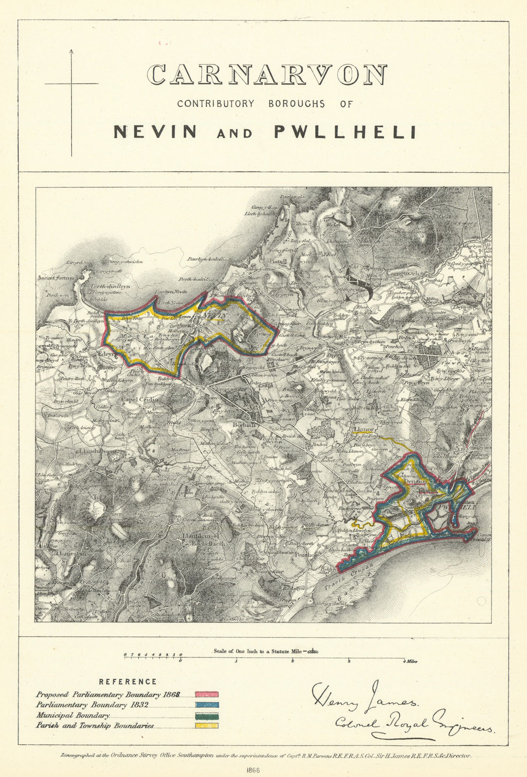 Associate Product Carnarvon Boroughs of Nevin & Pwllheli. JAMES. Boundary Commission 1868 map