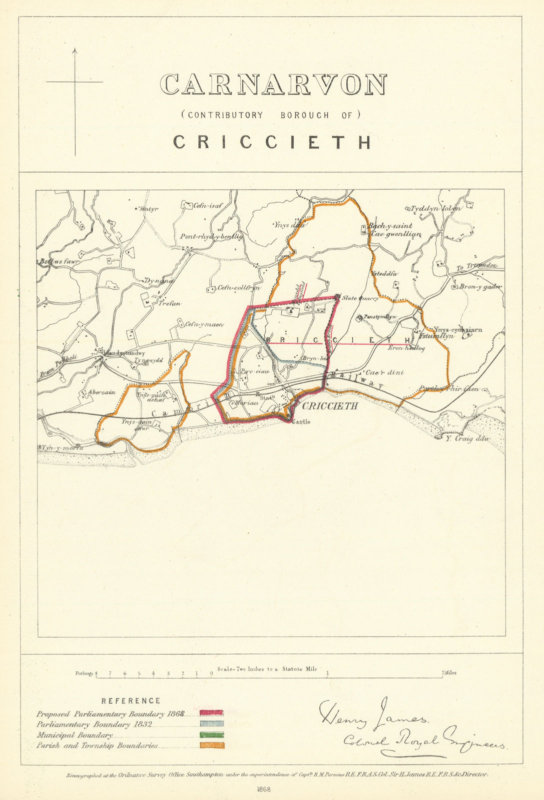 Carnarvon Contributory Borough of Criccieth. JAMES. Boundary Commission 1868 map
