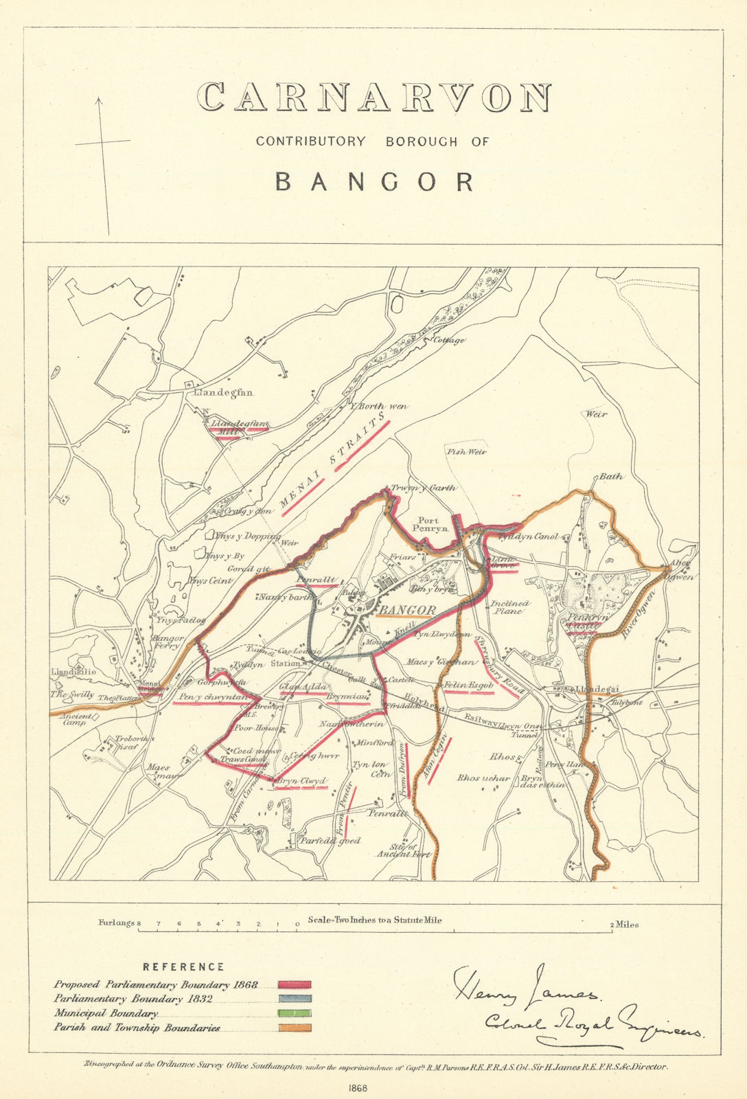 Carnarvon Contributory Borough of Bangor. JAMES. Boundary Commission 1868 map