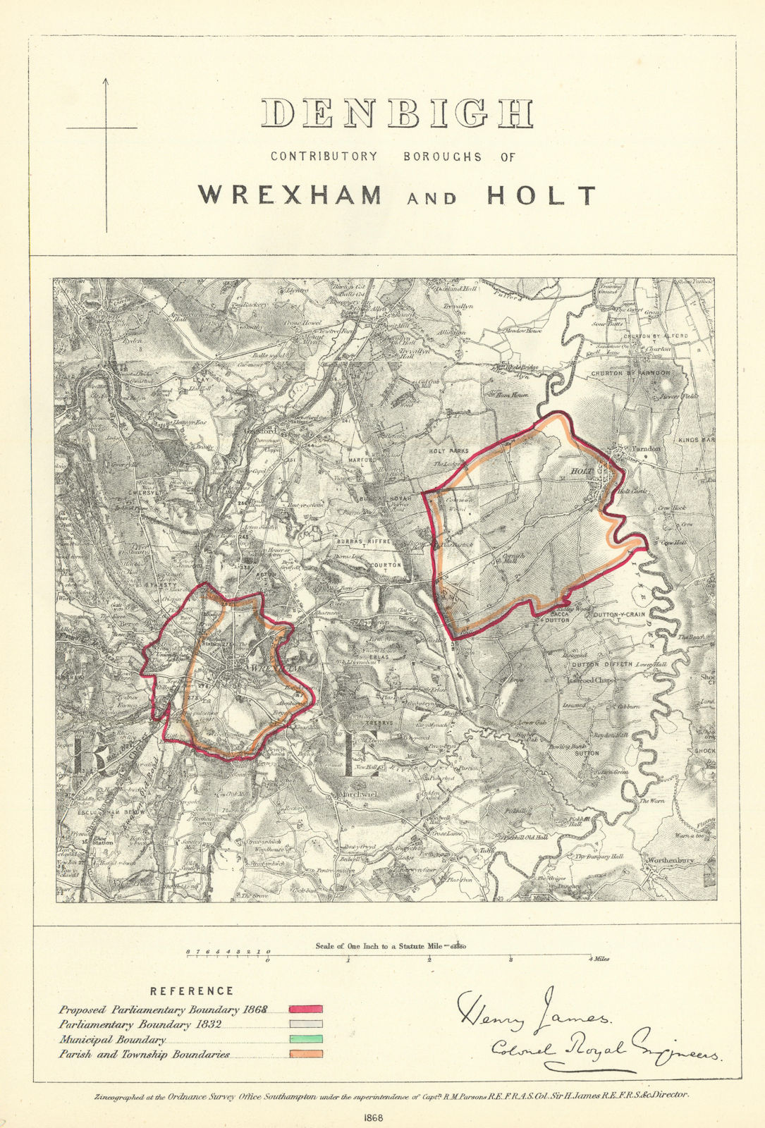 Associate Product Denbigh Contrib'y Borough of Wrexham & Holt. JAMES. Boundary Commission 1868 map