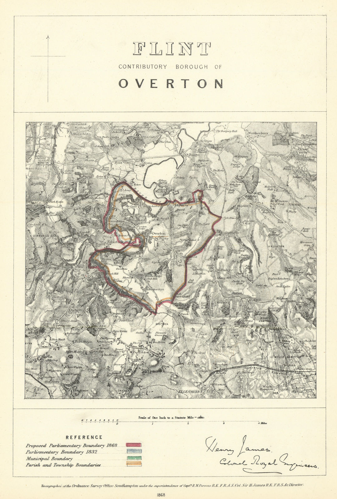 Flint Contributory Borough of Overton. JAMES. Boundary Commission 1868 old map