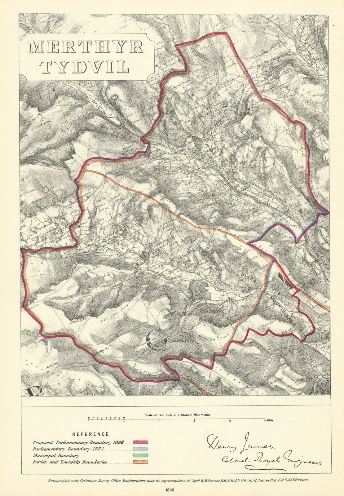 Merthyr Tydfil, Glamorganshire. JAMES. Boundary Commission 1868 old map