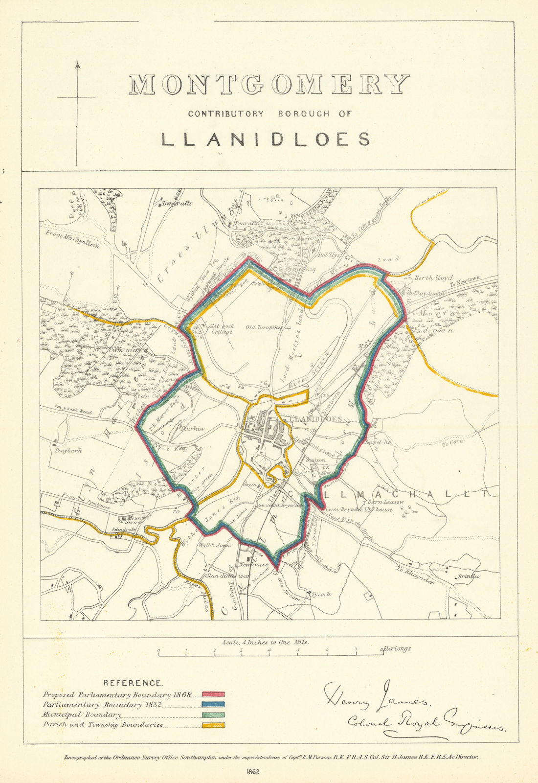 Montgomery Contrib'y Borough of Llanidloes. JAMES. Boundary Commission 1868 map