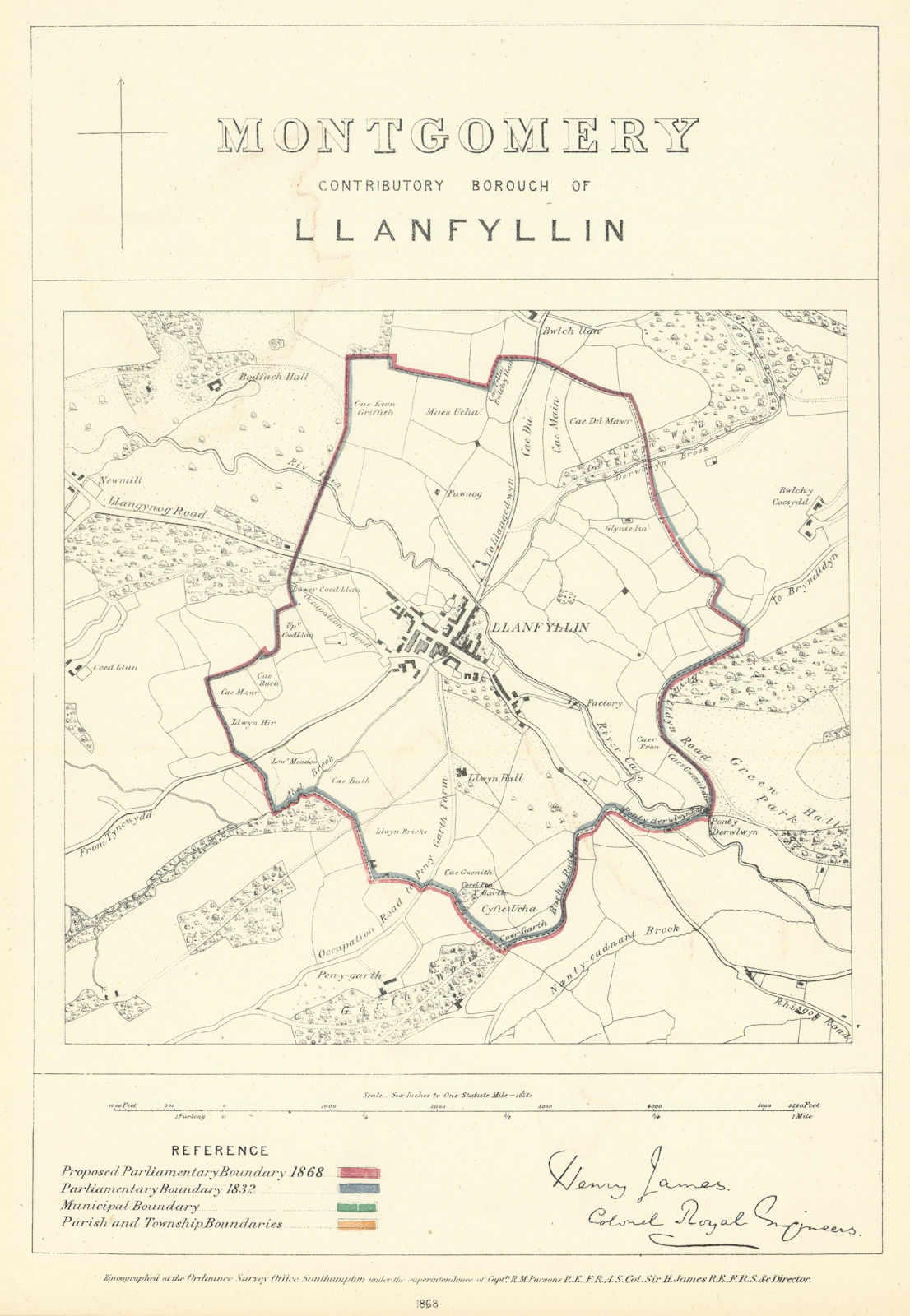 Montgomery Contrib'y Borough of Llanfyllin. JAMES. Boundary Commission 1868 map