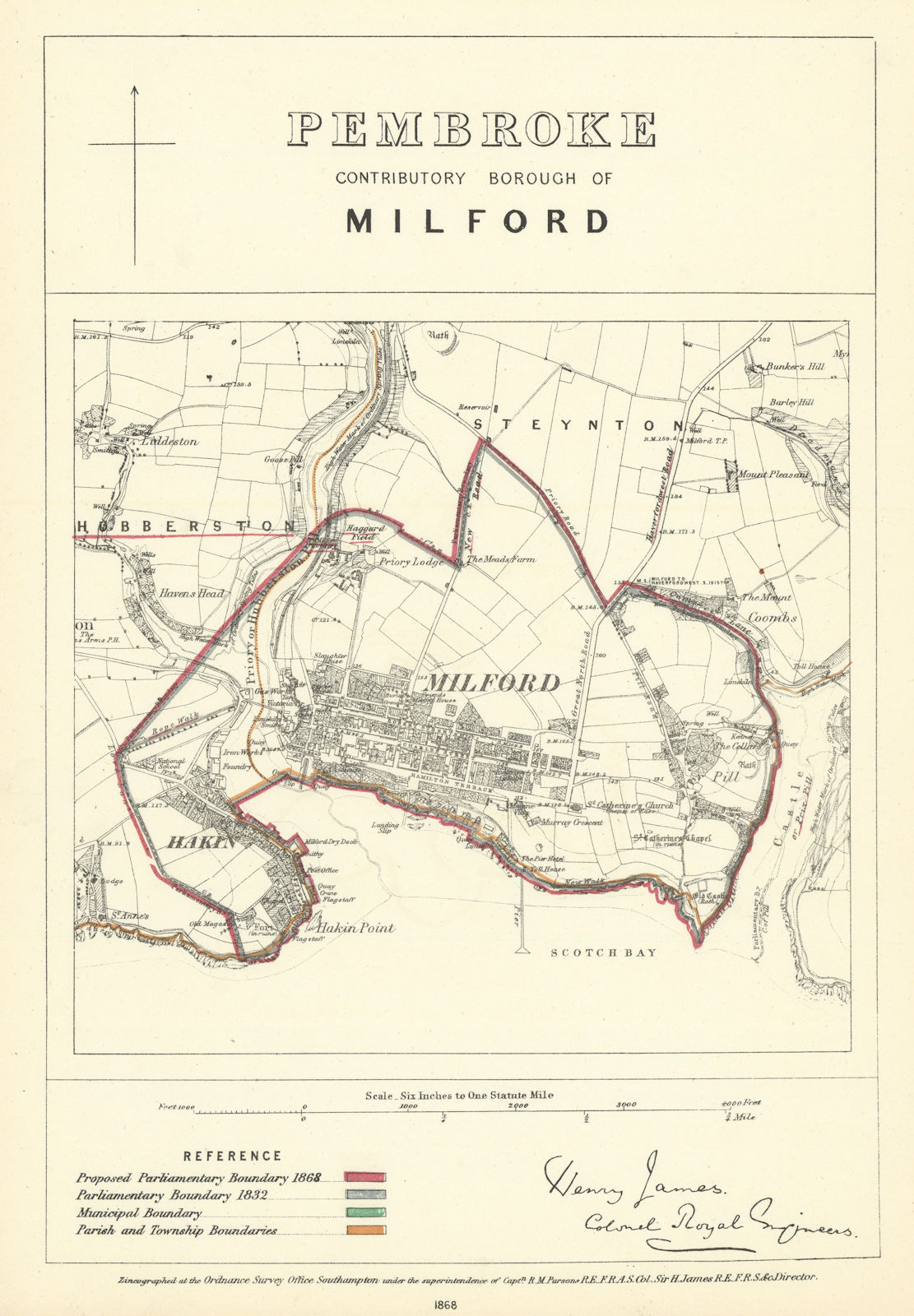 Pembroke Contributory Borough of Milford. JAMES. Boundary Commission 1868 map