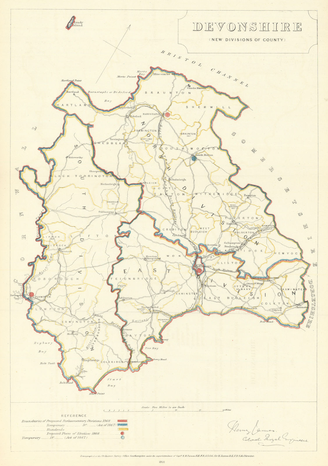 Associate Product Devonshire (New divisions of County). JAMES. Boundary Commission 1868 old map