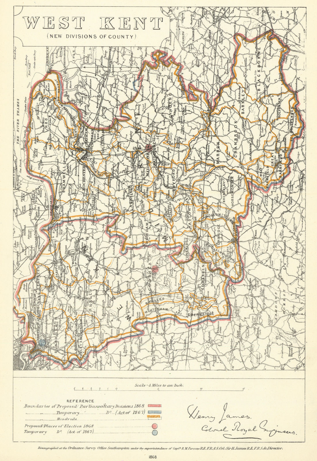 Associate Product West Kent (New divisions of County). JAMES. Boundary Commission 1868 old map