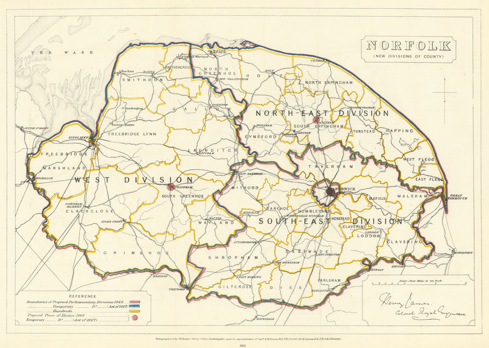 Associate Product Norfolk (New divisions of County). JAMES. Boundary Commission 1868 old map