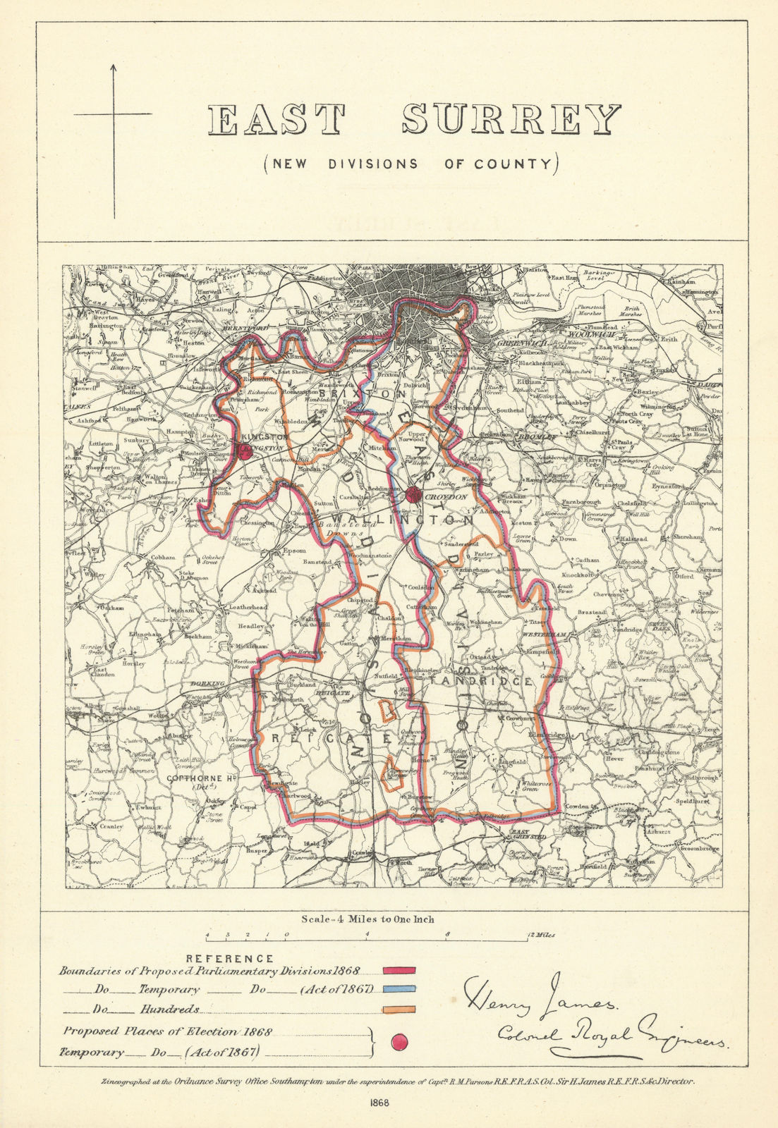 Associate Product East Surrey (New divisions of County). JAMES. Boundary Commission 1868 old map