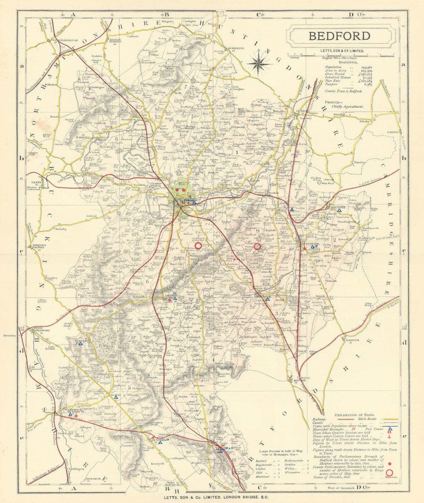 Bedfordshire county map showing Post Towns & Market Days. LETTS 1884 old