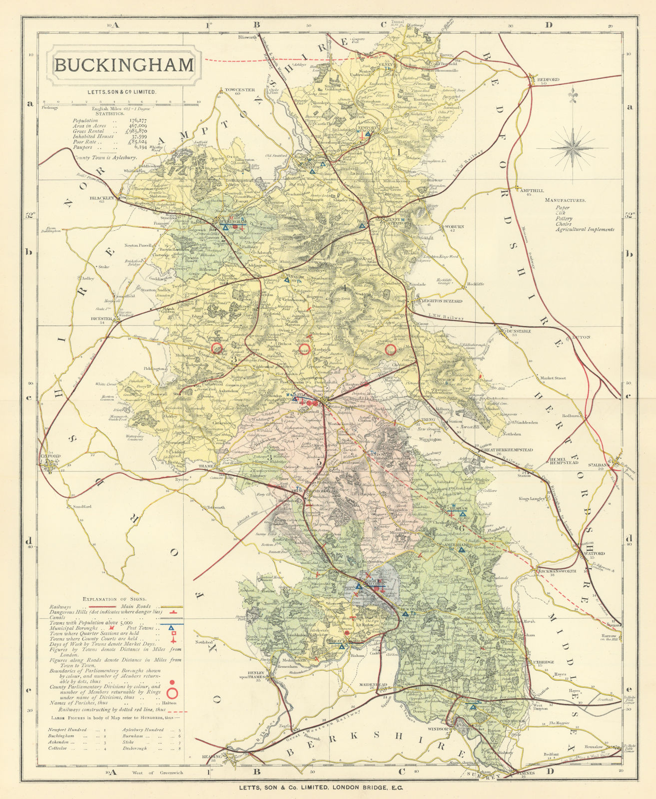 Associate Product Buckinghamshire county map showing Post Towns & Market Days. LETTS 1884