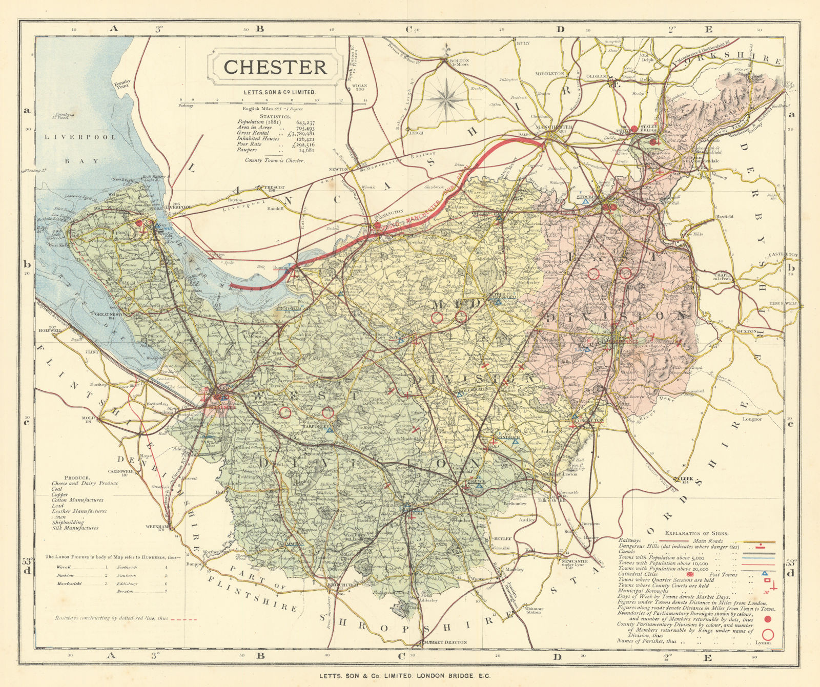 Cheshire county map showing Post Towns & Market Days. LETTS 1884 old