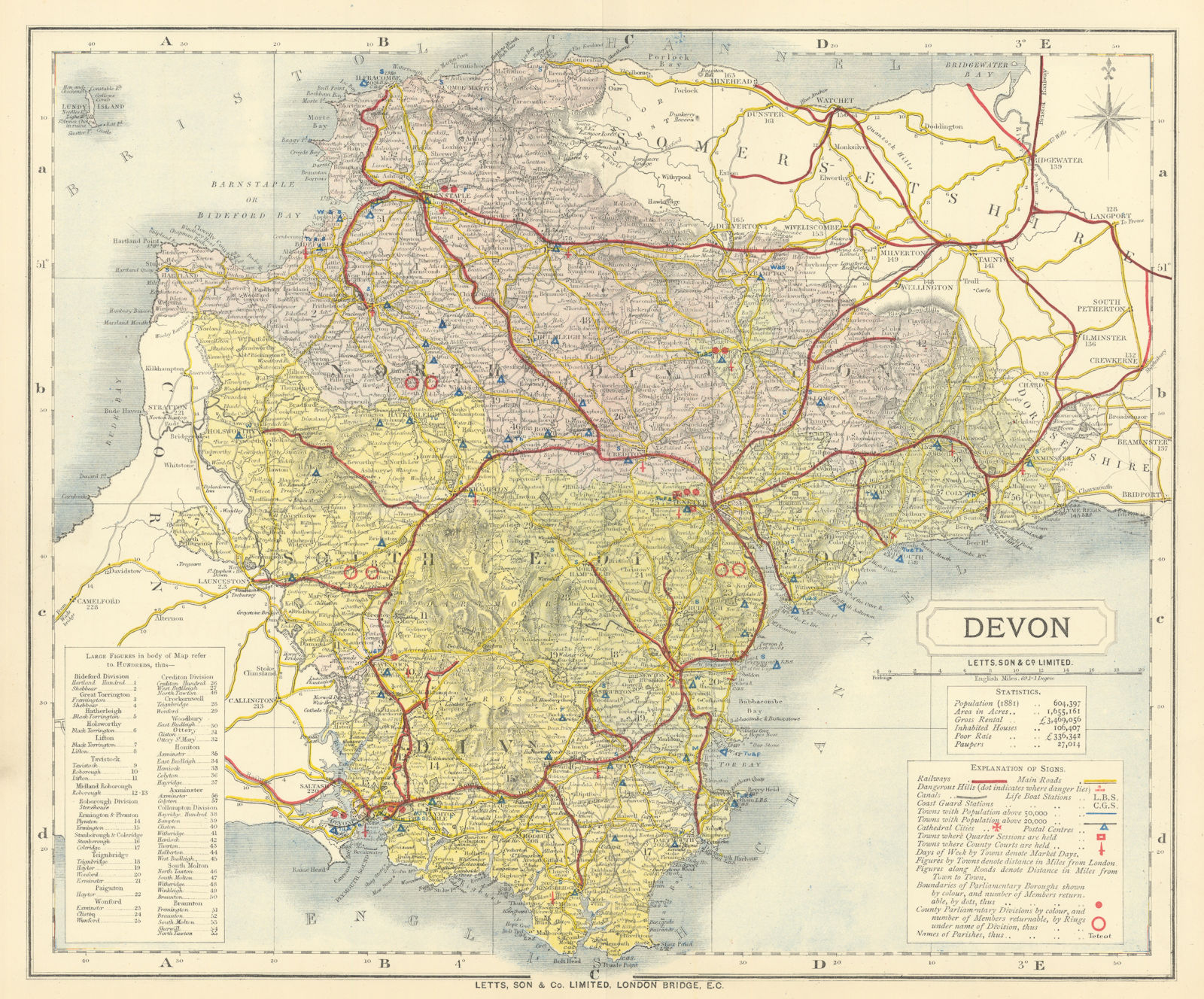 Devon county map showing Post Towns & Market Days. LETTS 1884 old antique