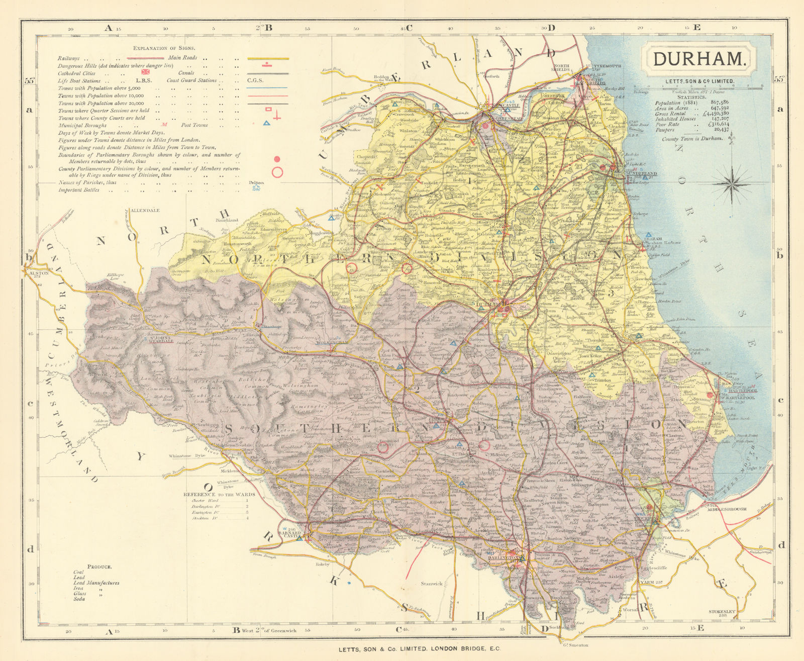 Durham county map showing Post Towns & Market Days. LETTS 1884 old antique