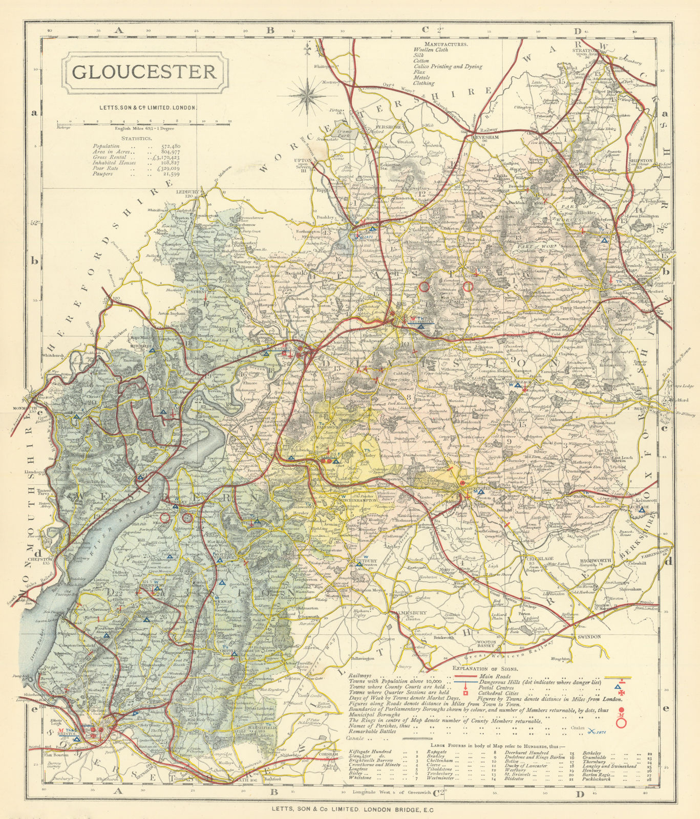 Gloucestershire county map showing Post Towns & Market Days. LETTS 1884