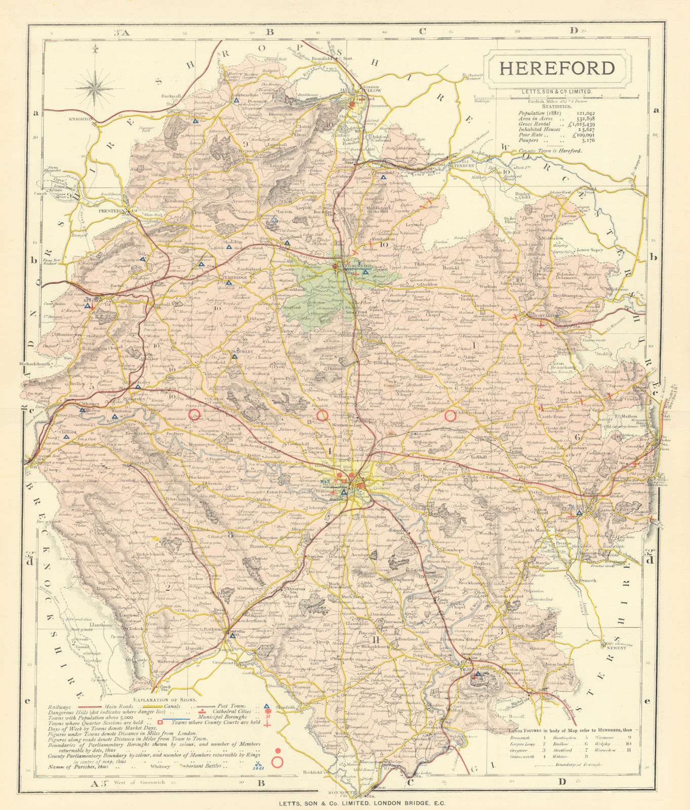 Herefordshire county map showing Post Towns & Market Days. LETTS 1884 old