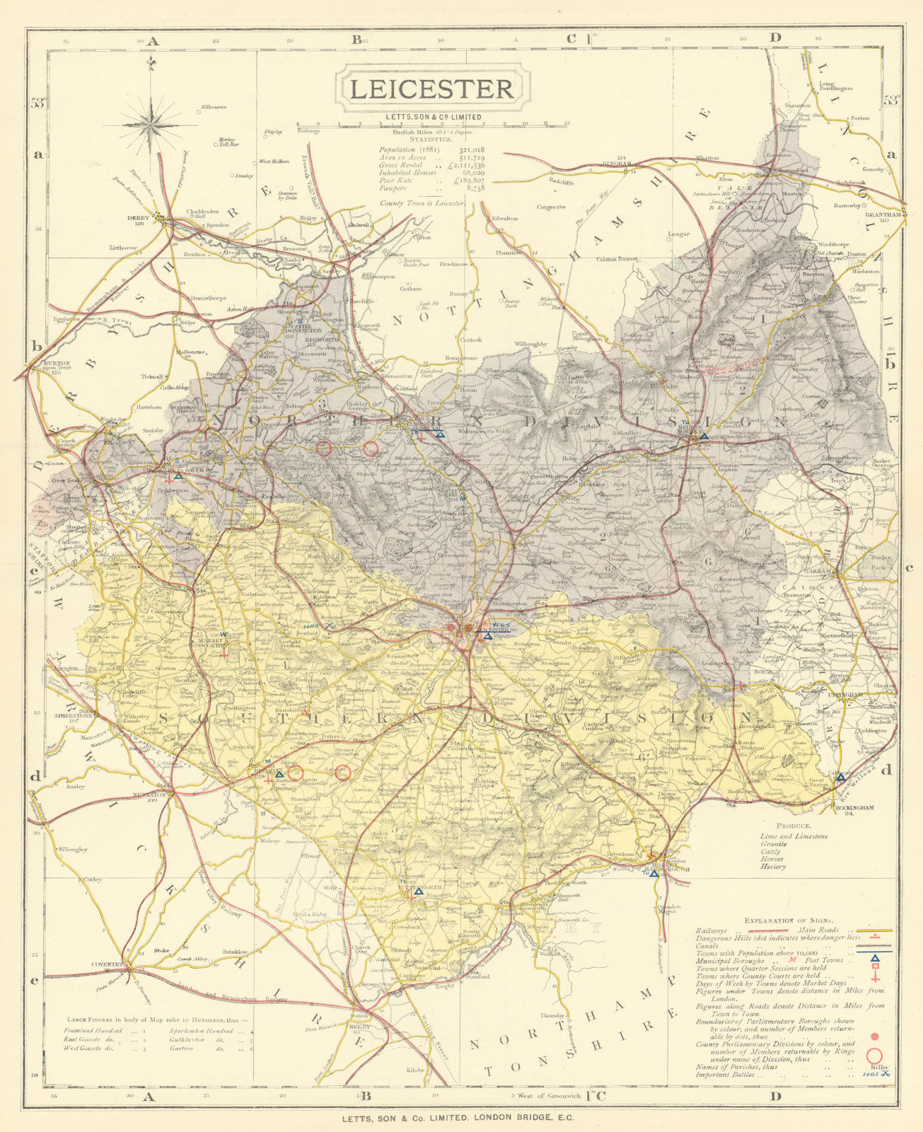 Associate Product Leicestershire county map showing Post Towns & Market Days. LETTS 1884 old