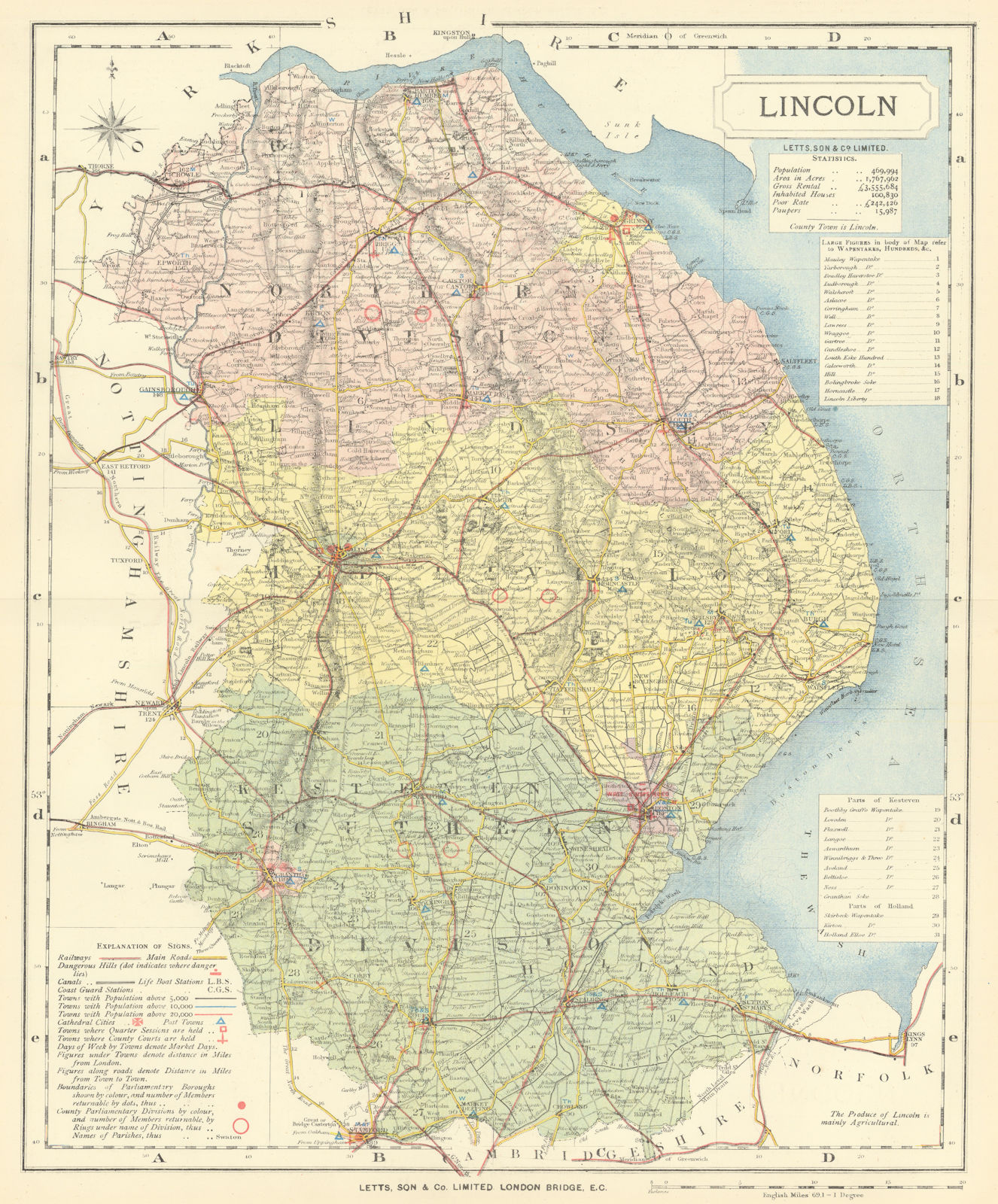 Associate Product Lincolnshire county map showing Post Towns & Market Days. LETTS 1884 old