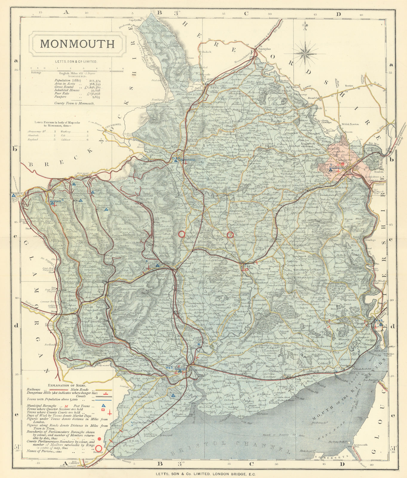 Associate Product Monmouthshire county map showing Post Towns & Market Days. LETTS 1884 old