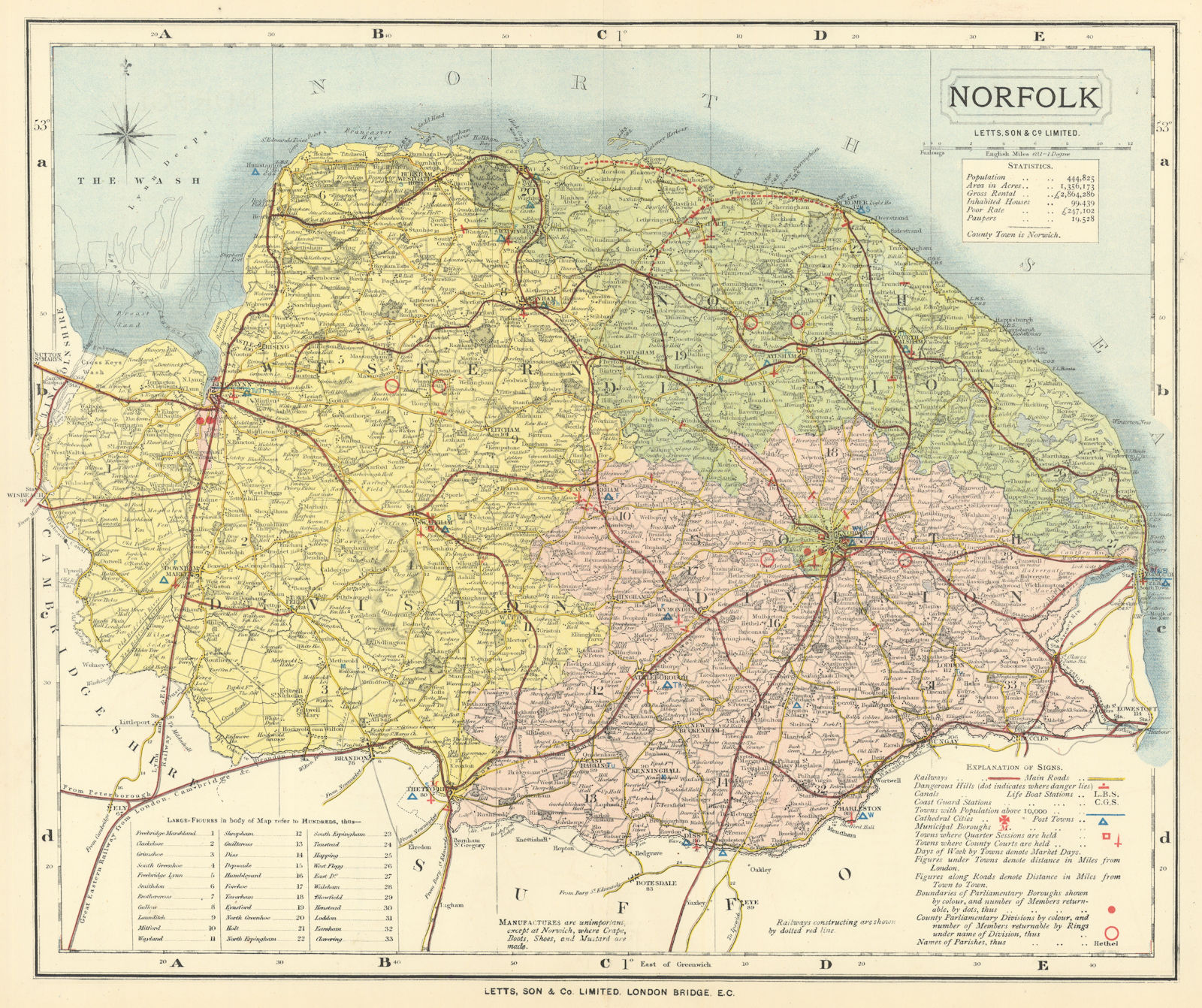 Norfolk county map showing Post Towns & Market Days. LETTS 1884 old