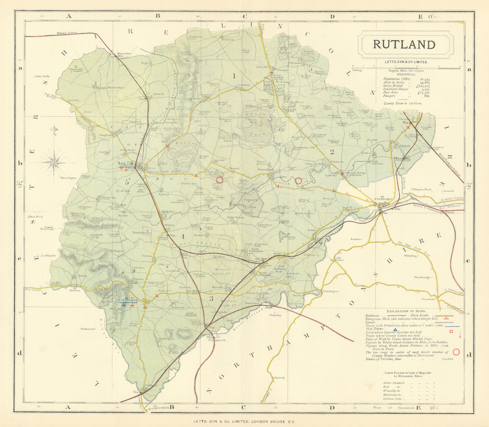 Rutlandshire county map showing Post Towns & Market Days. LETTS 1884 old