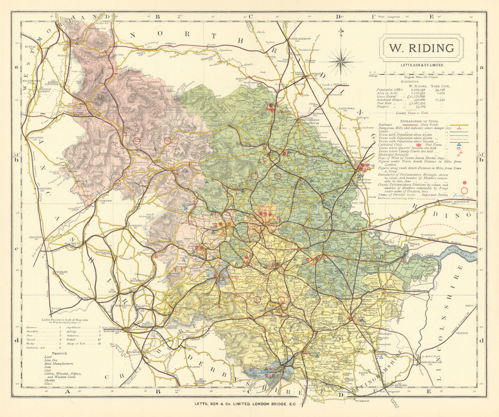 Associate Product Yorkshire, West Riding county map showing Post Towns & Market Days. LETTS 1884