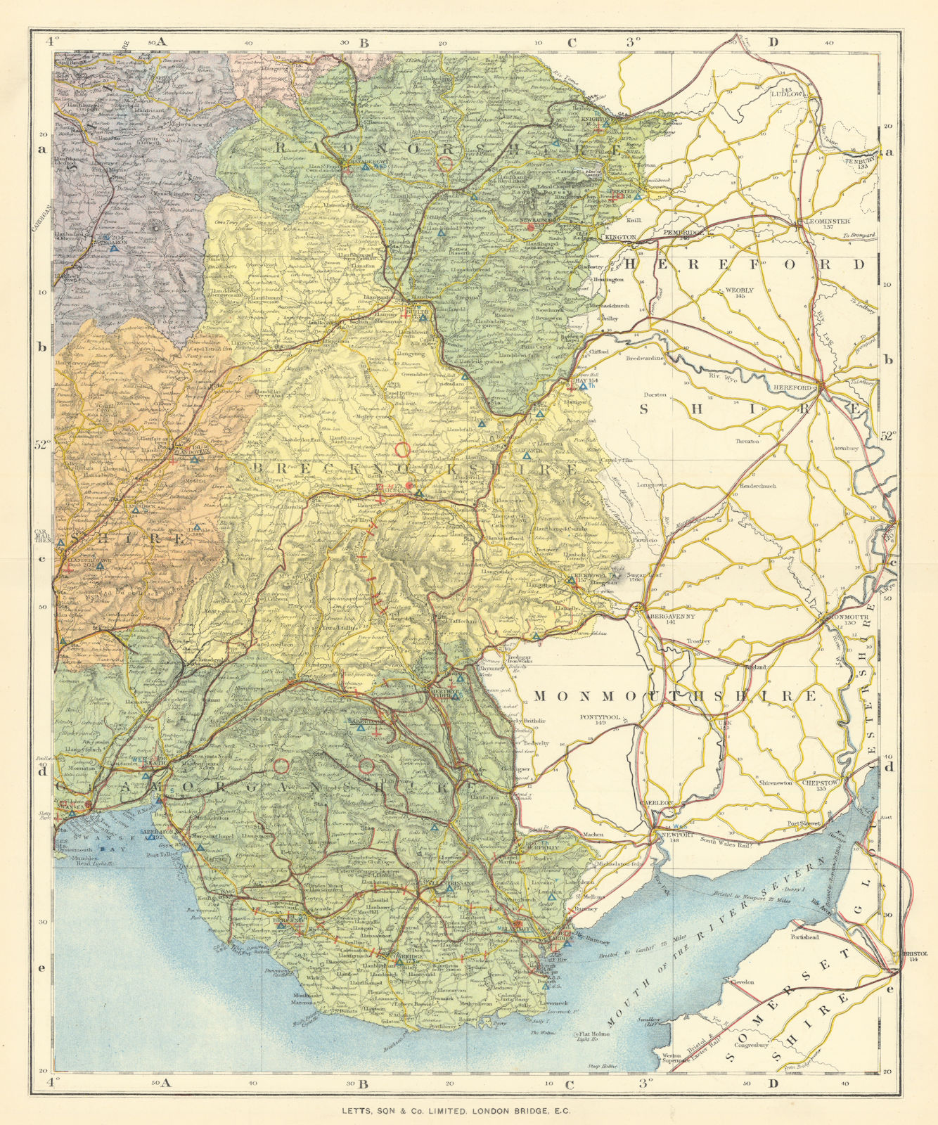 Associate Product South East Wales showing Post Towns & Market Days. LETTS 1884 old antique map