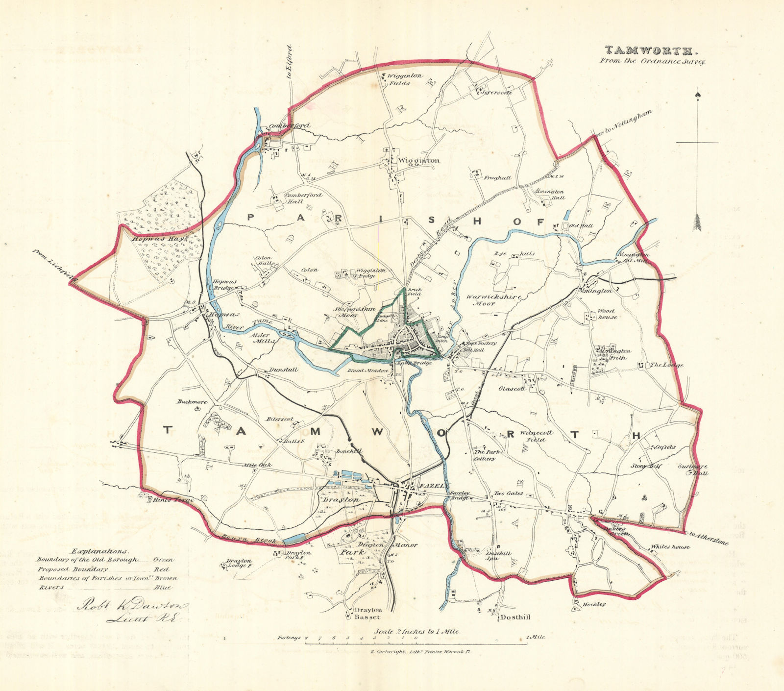 TAMWORTH borough/town plan. REFORM ACT. Fazeley Dosthill. DAWSON 1832 old map