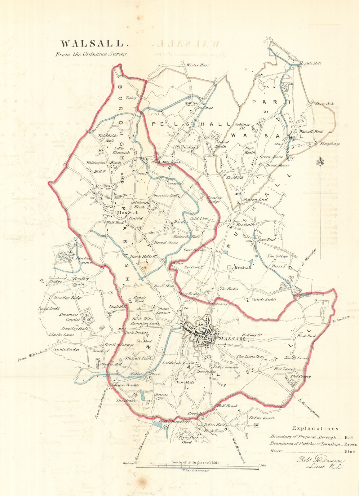 WALSALL borough/town plan. REFORM ACT. Bloxwich Pelshall Rushall DAWSON 1832 map