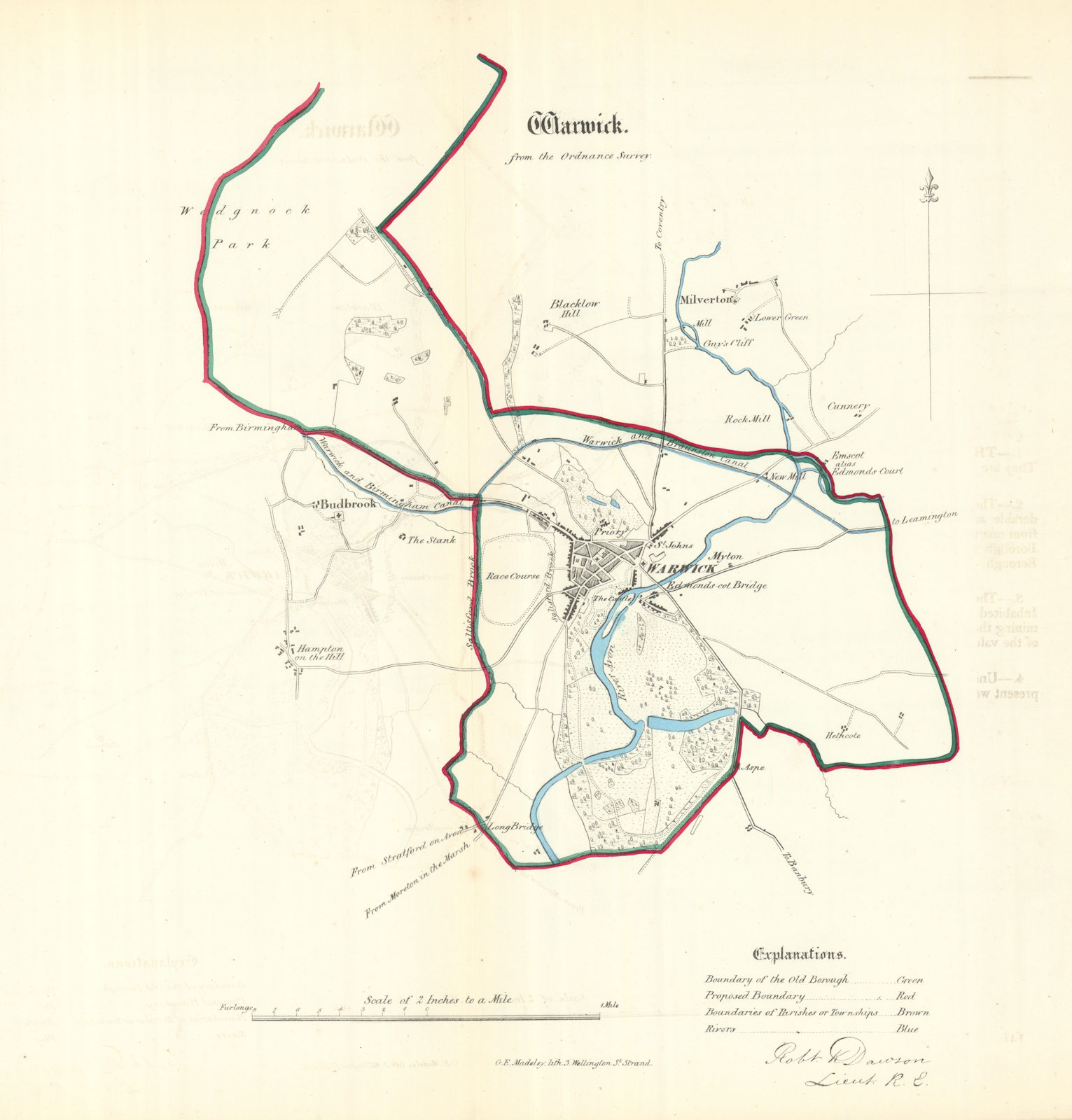 WARWICK borough/town plan. REFORM ACT. Budbrooke Milverton. DAWSON 1832 map