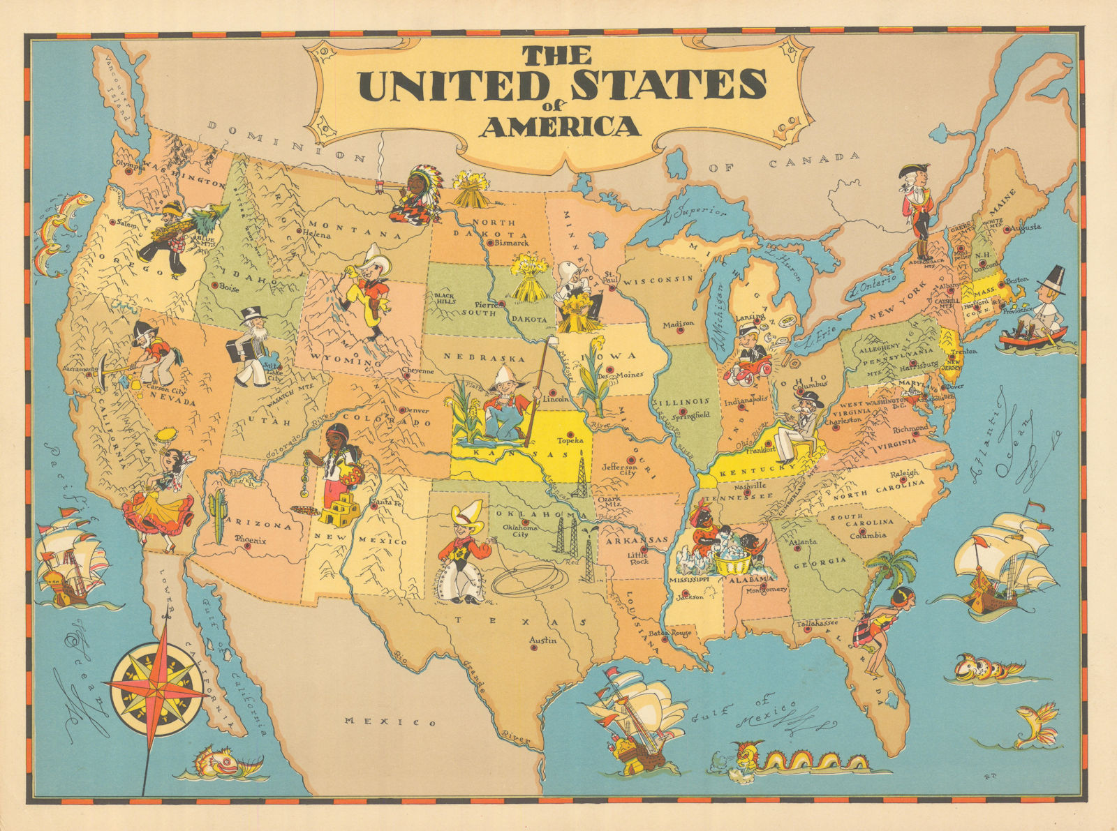 The United States of America. Pictorial map by Ruth Taylor White 1935 old