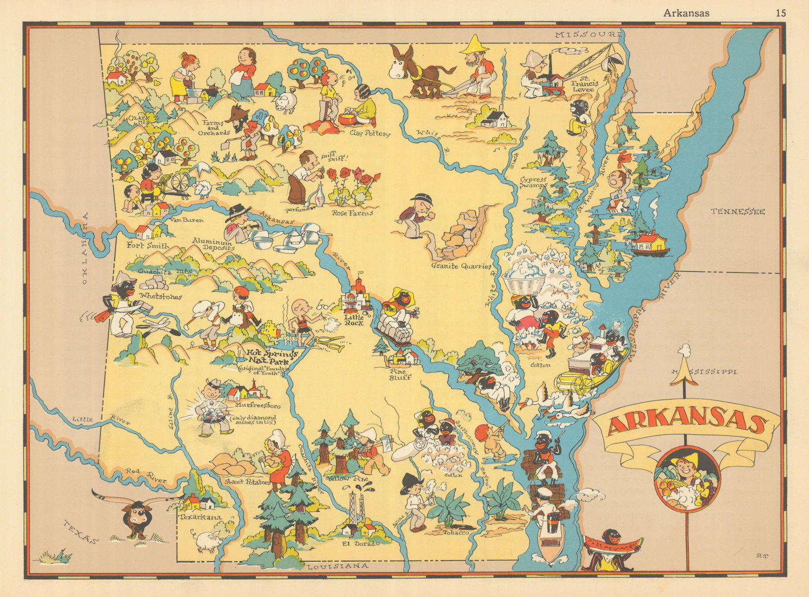 Associate Product Arkansas. Pictorial state map by Ruth Taylor White 1935 old vintage chart