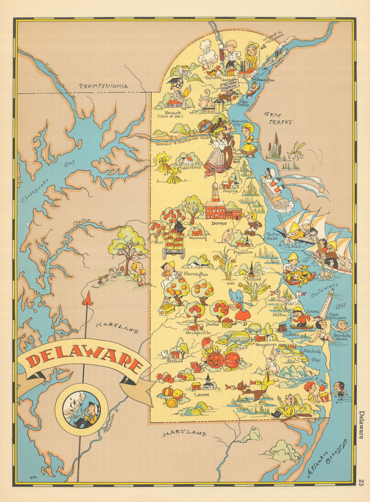Delaware. Pictorial state map by Ruth Taylor White 1935 old vintage chart