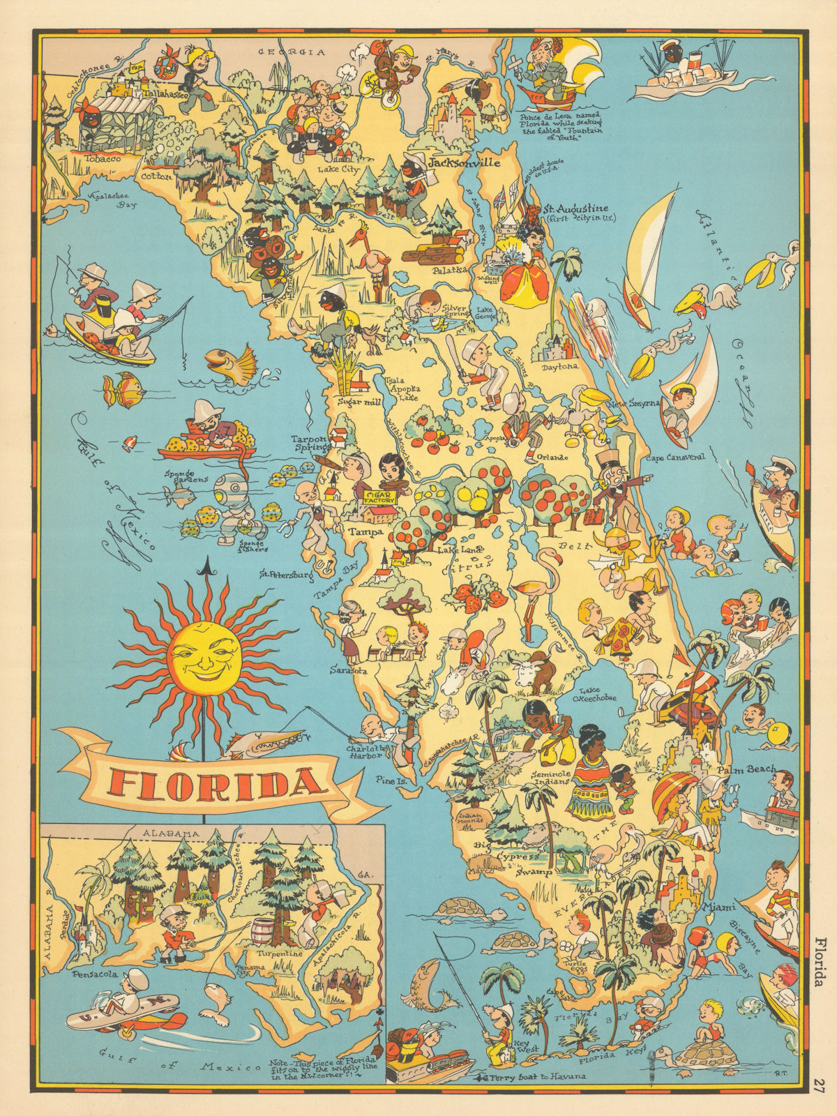 Florida. Pictorial state map by Ruth Taylor White 1935 old vintage chart