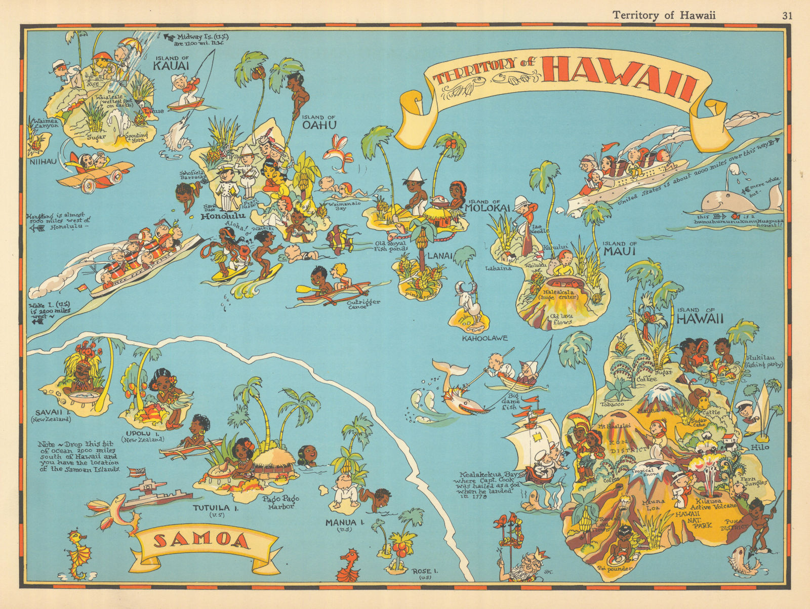 Hawaii & American Samoa. Pictorial state map by Ruth Taylor White 1935 old